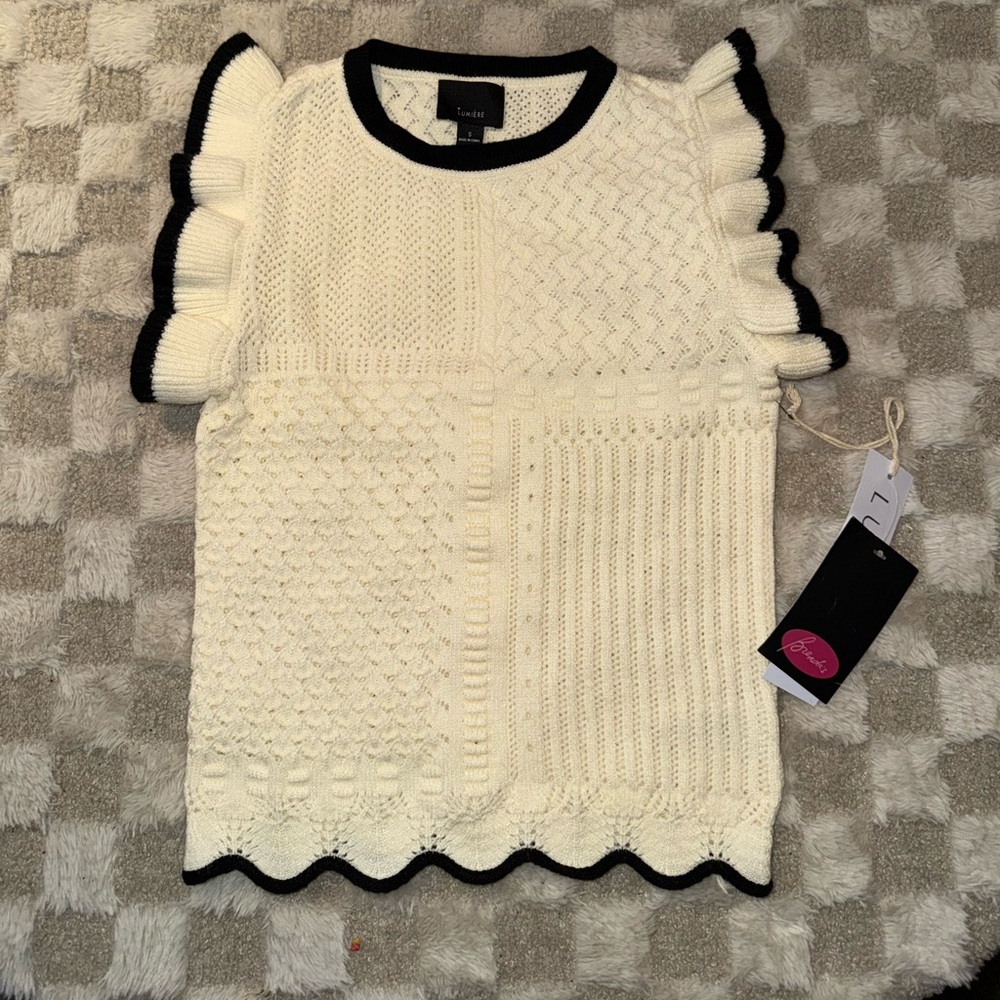 Lumiere White Knit Top with Black Trim